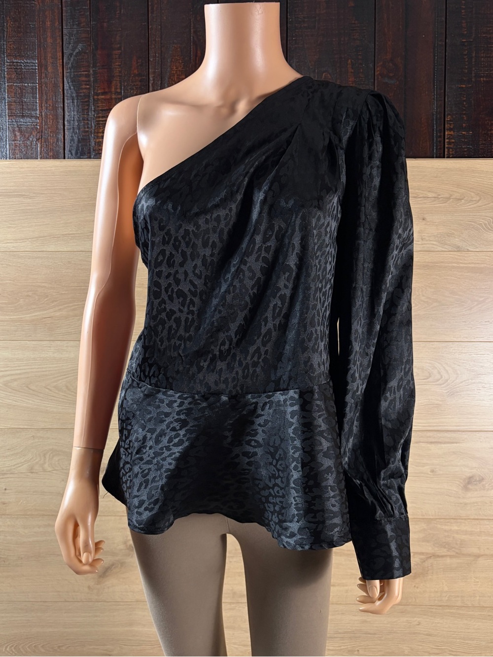 Women’s One-Shoulder Black Satin Leopard-Print Top